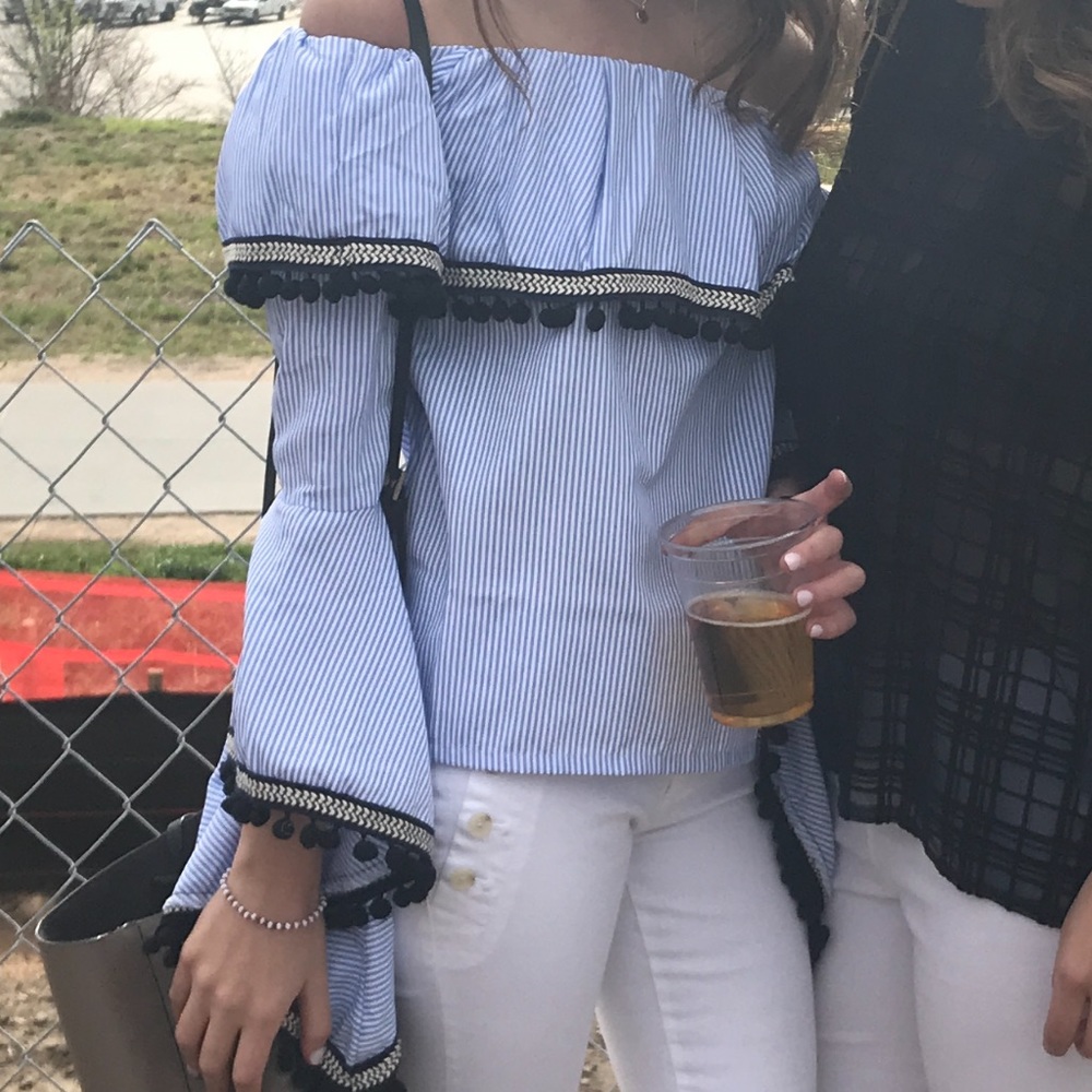 Pom Pom striped off the shoulder